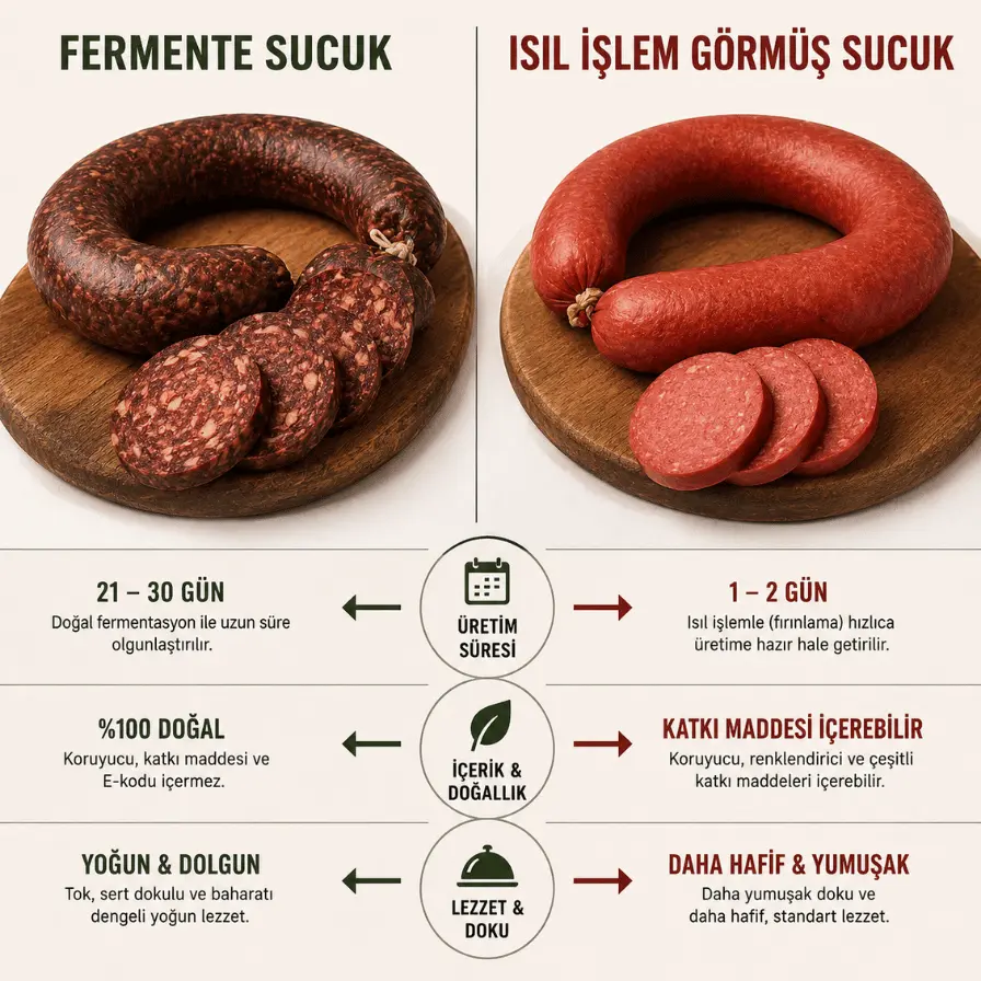 Fermente sucuk ile ısıl işlem görmüş sucuk arasındaki farkları gösteren infografik